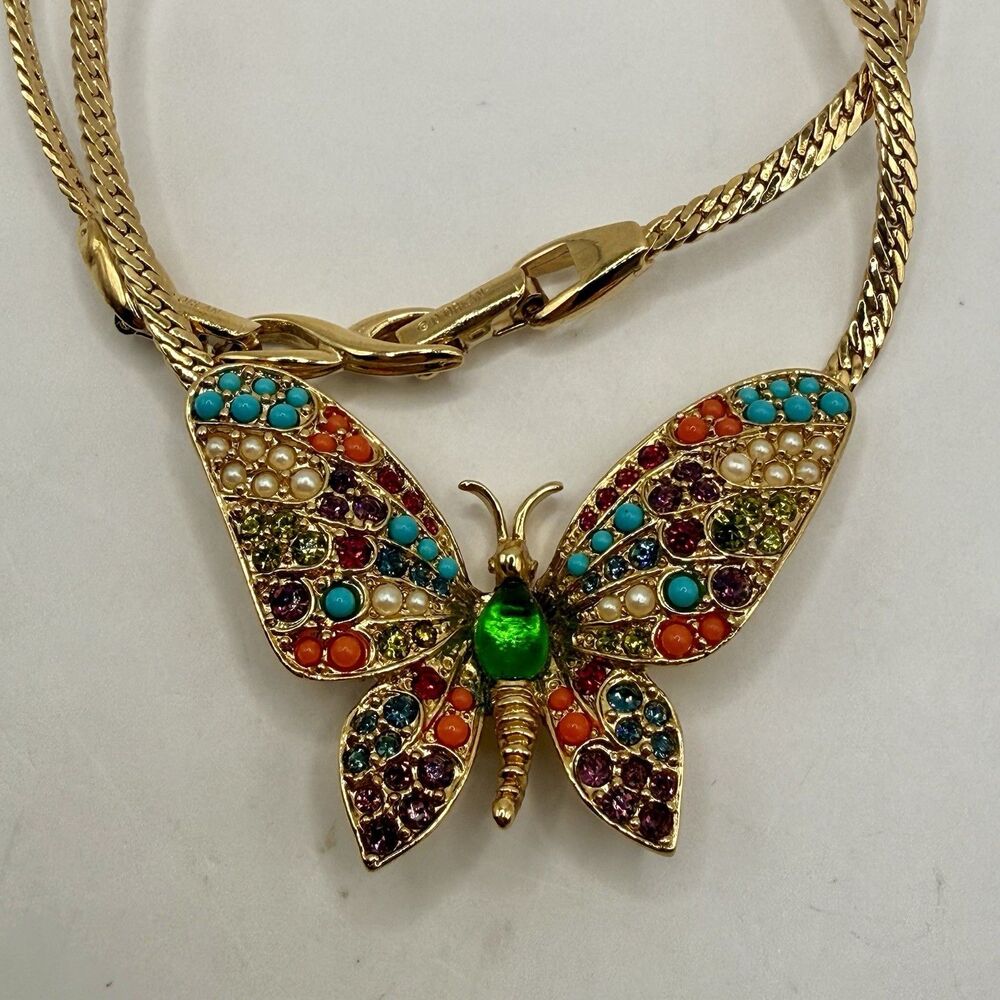Vintage D'orlan Buried Treasure Butterfly Gold Multicolor Swarovski Necklace 80s